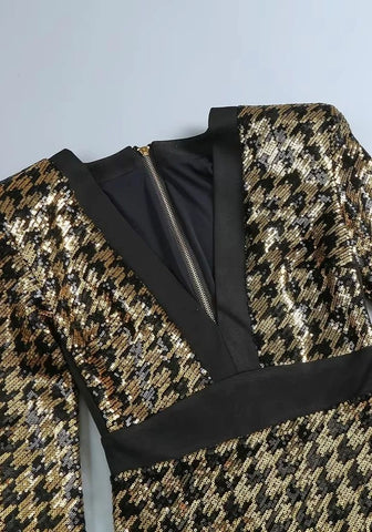 Schwarz Goldenes Langes Kleid mit V-Ausschnitt